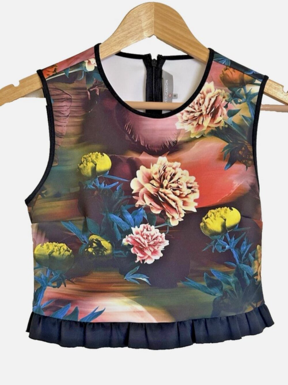 CLOVER CANYON Scuba Crop Top Size Small Botanical Breeze Floral with Ruffle